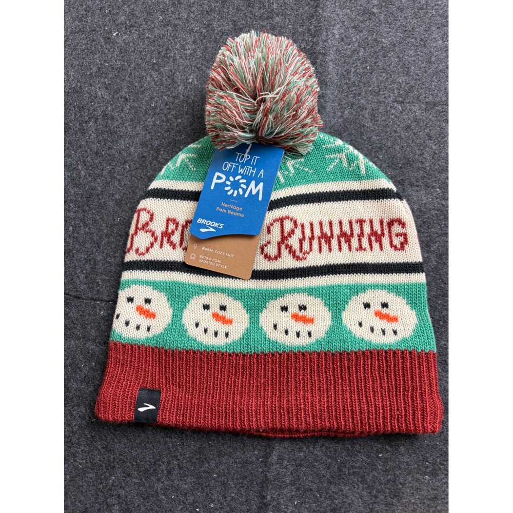 Brooks Running Heritage Pom Beanie Holiday Snowman Knit Winter Hat New